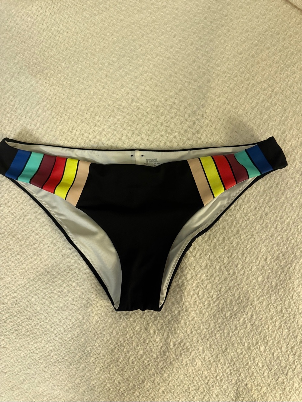 PINK Victoria's Secret Black Bikini Bottom with Multicolor Stripe Accents